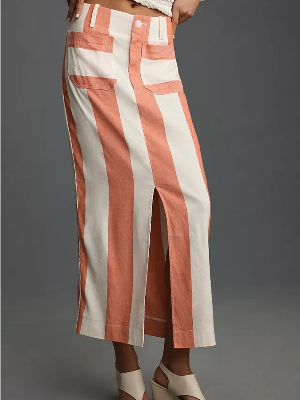 Coral and White Vertical-Stripe Midi Skirt with Front Slit